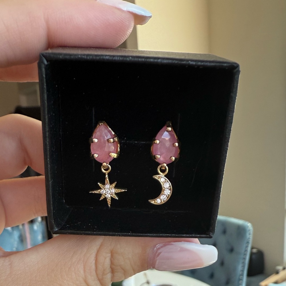 Pink Tourmaline Teardrop Earrings with Star and Moon